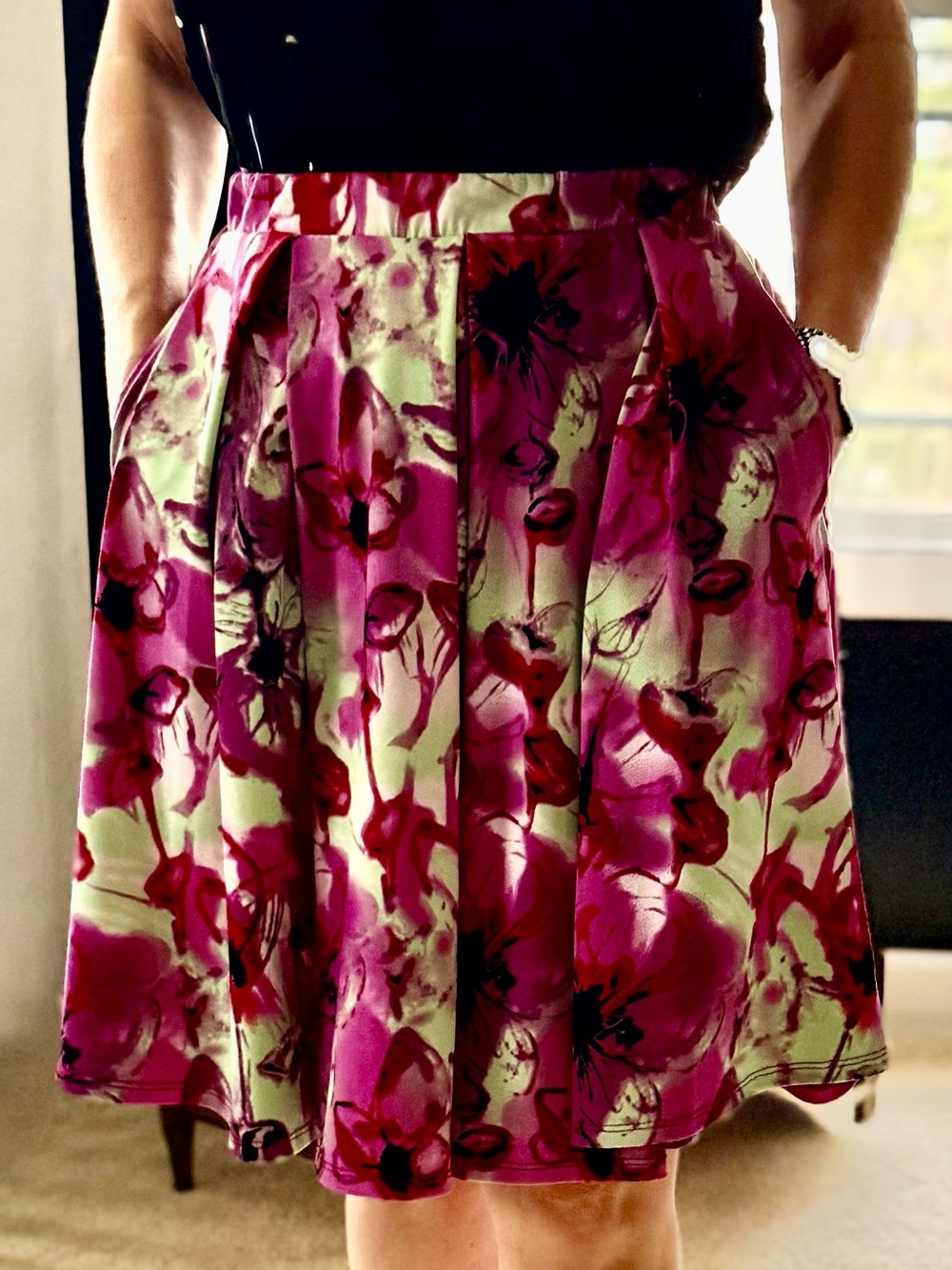 Woman's Floral A-Line Skirt in Fuchsia and Cream
